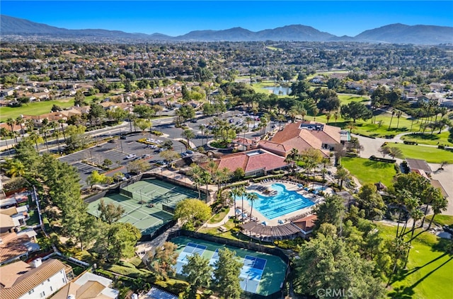 drone / aerial view featuring a mountain view and a residential view