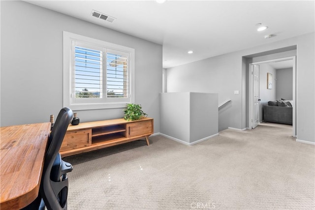 office space featuring recessed lighting, visible vents, baseboards, and carpet flooring