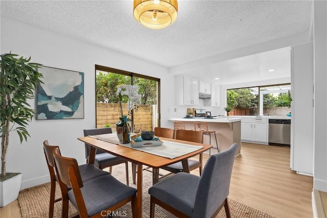 dining area with a healthy amount of sunlight, a textured ceiling, and light wood-type flooring