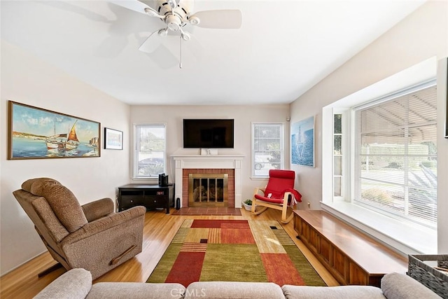 living room featuring wood finished floors and a fireplace