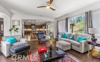 living room with wood finished floors, a ceiling fan, and arched walkways