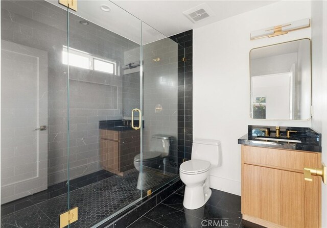 full bath featuring visible vents, toilet, a shower stall, tile patterned flooring, and vanity