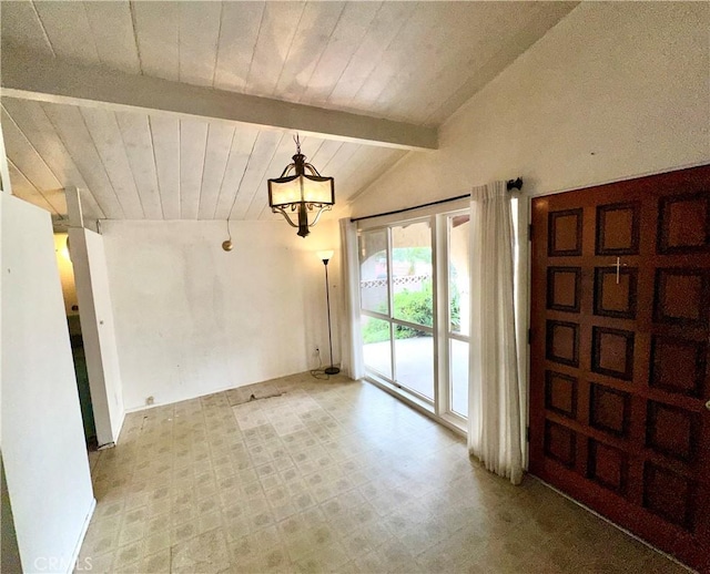 interior space featuring light floors, wood ceiling, lofted ceiling with beams, and an inviting chandelier