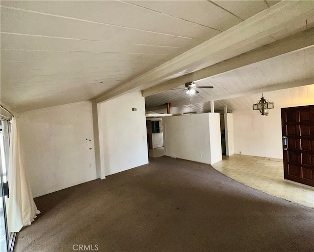 interior space with carpet flooring, vaulted ceiling with beams, and a ceiling fan