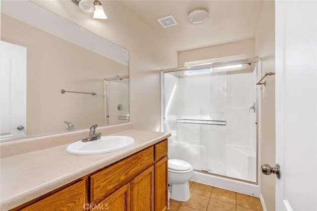 full bathroom featuring visible vents, toilet, a stall shower, tile patterned flooring, and vanity