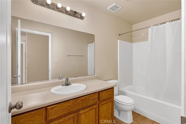 bathroom with tile patterned flooring, visible vents, toilet, shower / bath combo, and vanity