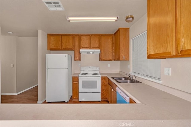 kitchen featuring visible vents, under cabinet range hood, light countertops, white appliances, and a sink