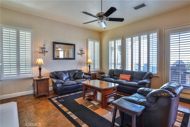 1412 San Clemente Cir, Corona, CA 92882 - living room with plenty of natural light, a ceiling fan, and baseboards