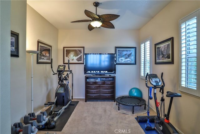 1412 San Clemente Cir, Corona, CA 92882 - exercise area featuring baseboards, ceiling fan, a wealth of natural light, and carpet