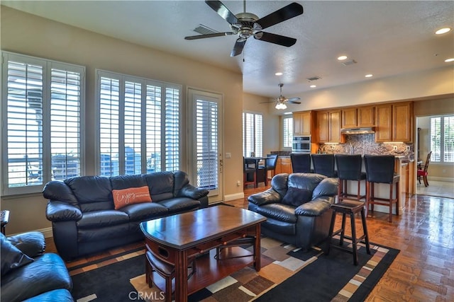 1412 San Clemente Cir, Corona, CA 92882 - living room with baseboards, a ceiling fan, recessed lighting, and visible vents