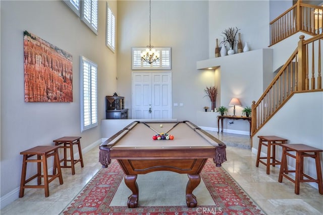 1412 San Clemente Cir, Corona, CA 92882 - game room featuring a high ceiling, a notable chandelier, billiards, and baseboards