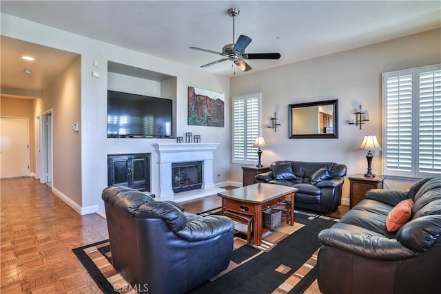 1412 San Clemente Cir, Corona, CA 92882 - living area with a ceiling fan, baseboards, recessed lighting, and a fireplace with raised hearth
