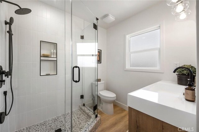 full bathroom featuring vanity, a shower stall, toilet, and wood finished floors