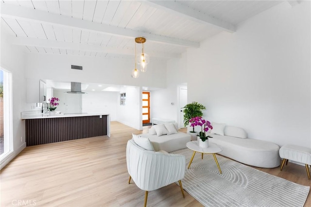 living area featuring lofted ceiling with beams, visible vents, and light wood finished floors