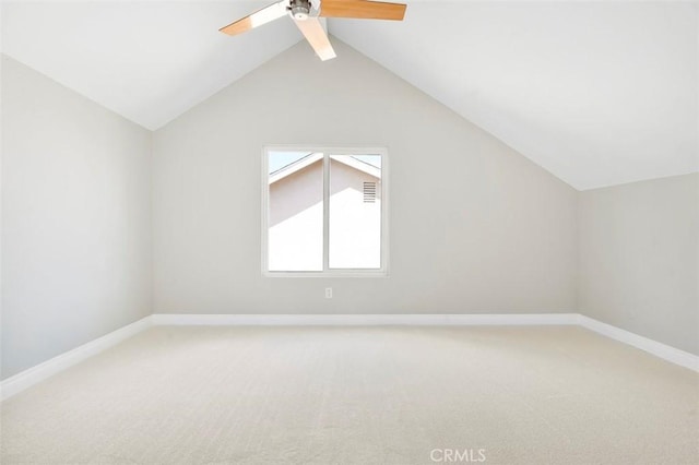 bonus room featuring baseboards, carpet, a ceiling fan, and vaulted ceiling