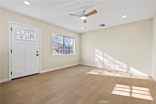 entrance foyer featuring visible vents, baseboards, ceiling fan, recessed lighting, and wood finished floors