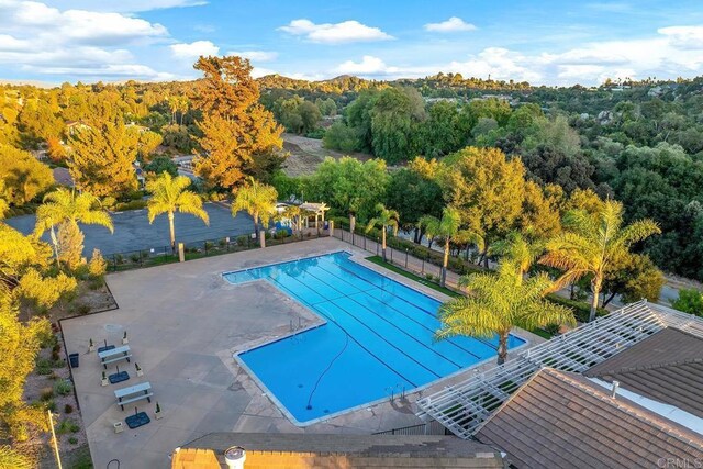 community pool featuring a patio, fence, and a pergola