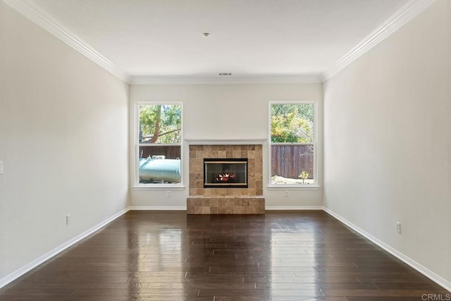 unfurnished living room with a wealth of natural light, baseboards, dark wood-style floors, and a fireplace