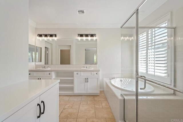 full bathroom with visible vents, ornamental molding, a sink, double vanity, and a bath