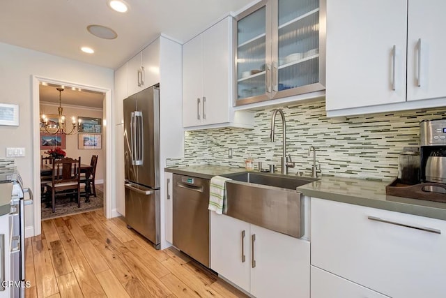 kitchen featuring light wood-type flooring, a sink, appliances with stainless steel finishes, white cabinetry, and tasteful backsplash