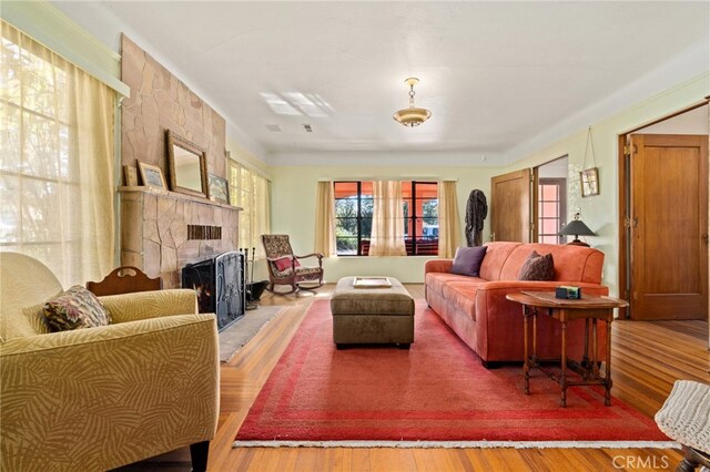 living room with wood finished floors and a fireplace