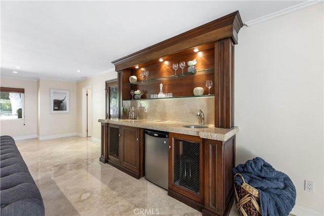 bar with a sink, tasteful backsplash, refrigerator, crown molding, and indoor wet bar