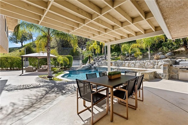 view of patio featuring outdoor dining space, fence, a gazebo, outdoor lounge area, and an outdoor pool