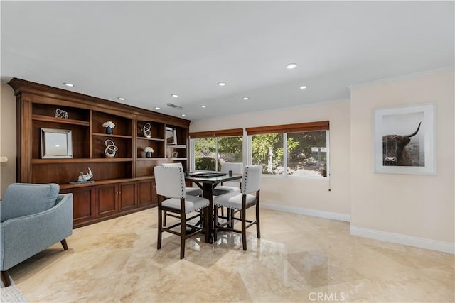 dining room with visible vents, recessed lighting, baseboards, and ornamental molding