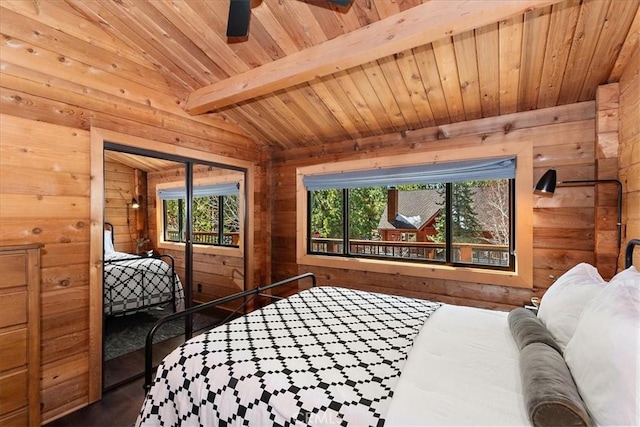 bedroom with lofted ceiling with beams, wooden ceiling, and wood walls