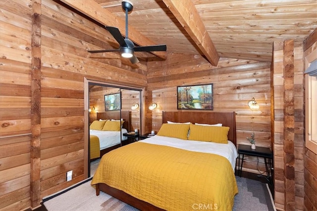 unfurnished bedroom with wooden ceiling, vaulted ceiling with beams, carpet, and wood walls