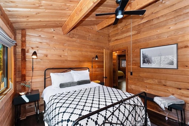 bedroom featuring wooden walls, wood ceiling, and lofted ceiling with beams