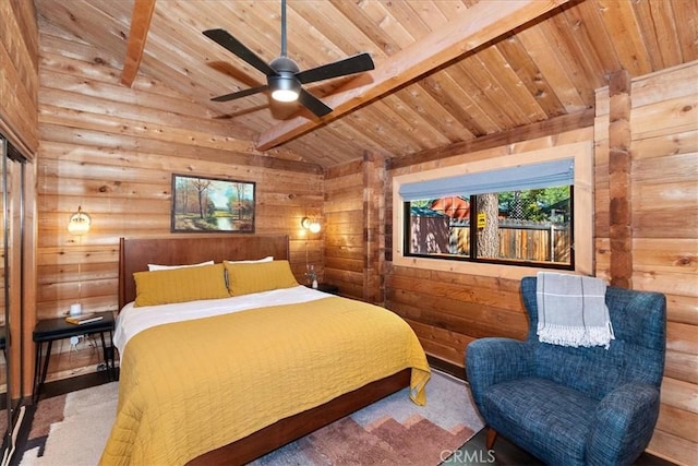 bedroom featuring wood walls, wooden ceiling, log walls, and lofted ceiling with beams