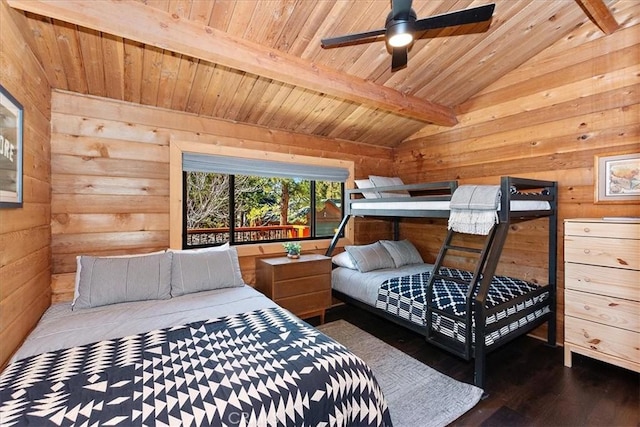 bedroom with wood finished floors, vaulted ceiling with beams, wood ceiling, and wood walls