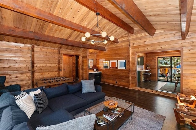 living area featuring hardwood / wood-style floors, lofted ceiling with beams, wooden walls, and wooden ceiling