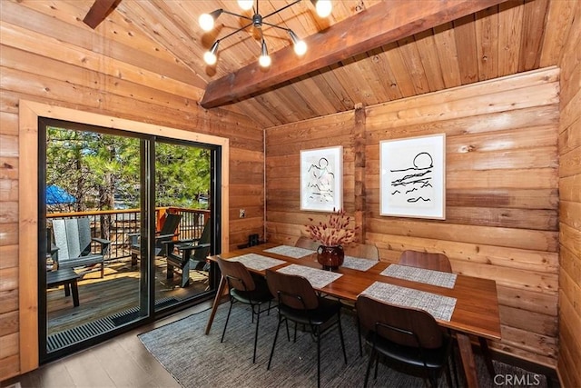 dining space featuring a notable chandelier, wood finished floors, wood walls, wooden ceiling, and vaulted ceiling with beams