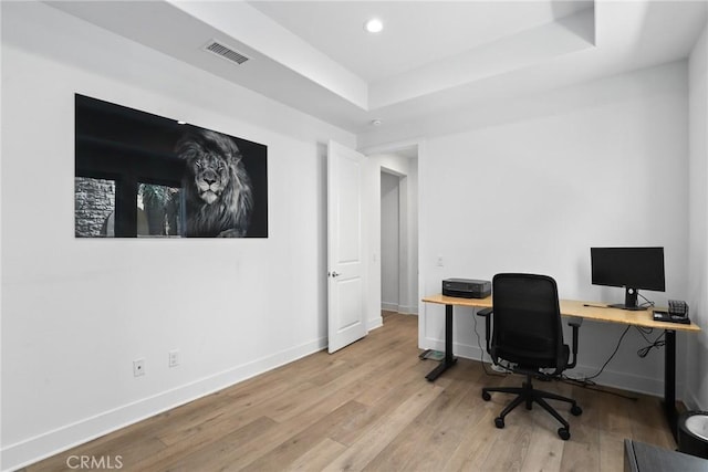 20535 W Bluebird Ct, Porter Ranch, CA 91326 - home office with a raised ceiling, baseboards, wood finished floors, and recessed lighting