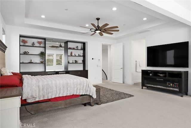 20535 W Bluebird Ct, Porter Ranch, CA 91326 - carpeted bedroom with a tray ceiling, recessed lighting, baseboards, and a ceiling fan