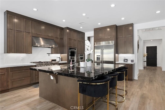 20535 W Bluebird Ct, Porter Ranch, CA 91326 - kitchen with under cabinet range hood, stainless steel appliances, light wood finished floors, a kitchen bar, and recessed lighting