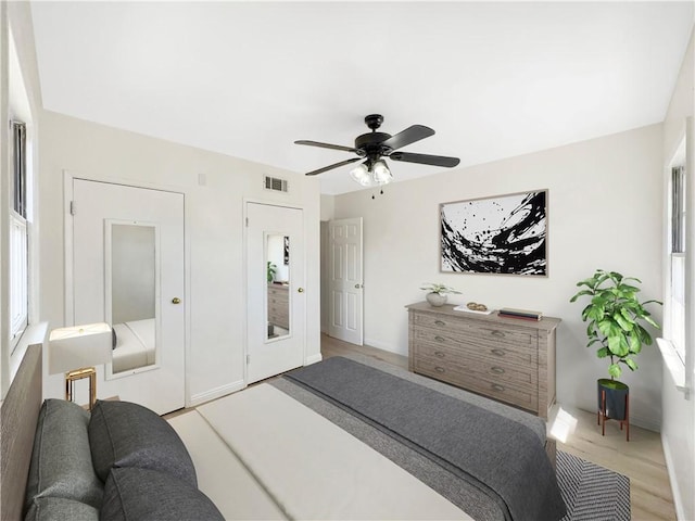 bedroom with visible vents and a ceiling fan