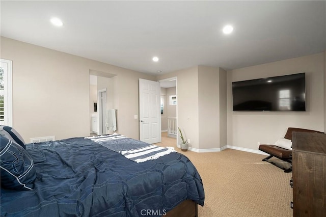 bedroom featuring recessed lighting, baseboards, and carpet flooring