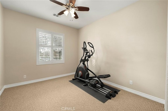 workout area with visible vents, ceiling fan, baseboards, and carpet