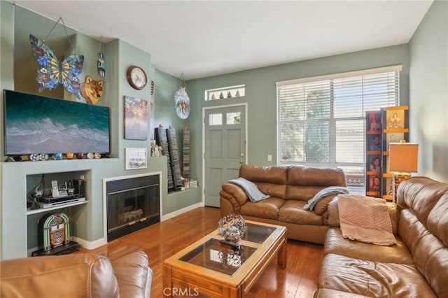 living room featuring baseboards, wood finished floors, and a fireplace