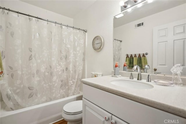 bathroom with visible vents, shower / bath combination with curtain, vanity, and toilet