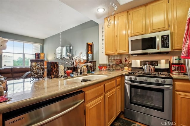 kitchen with a sink, stainless steel appliances, and open floor plan