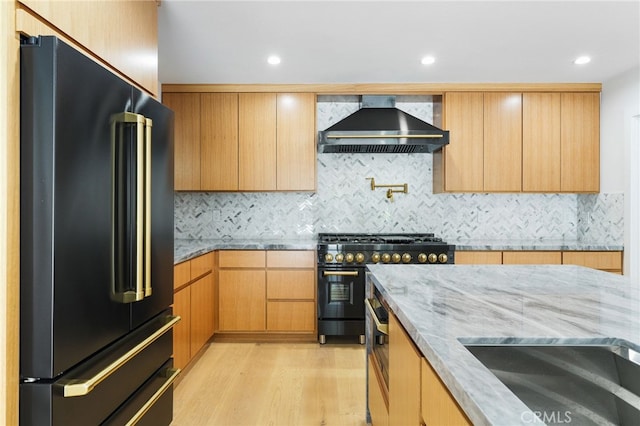 kitchen featuring light stone countertops, high quality appliances, light wood-type flooring, wall chimney exhaust hood, and a sink