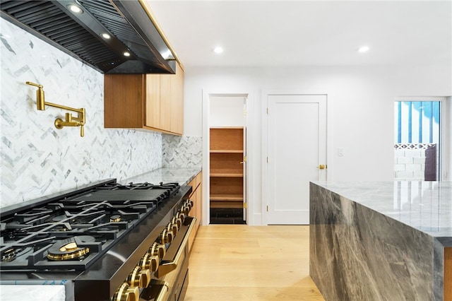 kitchen featuring premium range hood, stainless steel range, tasteful backsplash, light wood finished floors, and light stone countertops