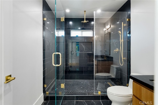 full bathroom featuring vanity, toilet, and a shower stall