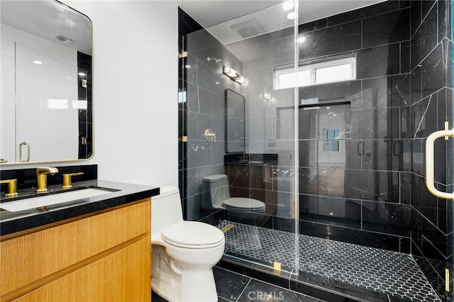 full bathroom featuring tile patterned flooring, visible vents, a shower stall, toilet, and vanity