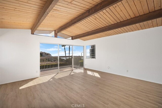 unfurnished room featuring lofted ceiling with beams, wood ceiling, and wood finished floors