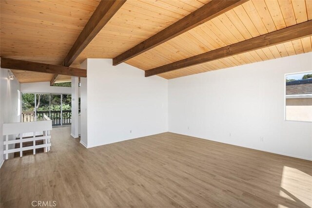 empty room featuring wooden ceiling, lofted ceiling with beams, and wood finished floors